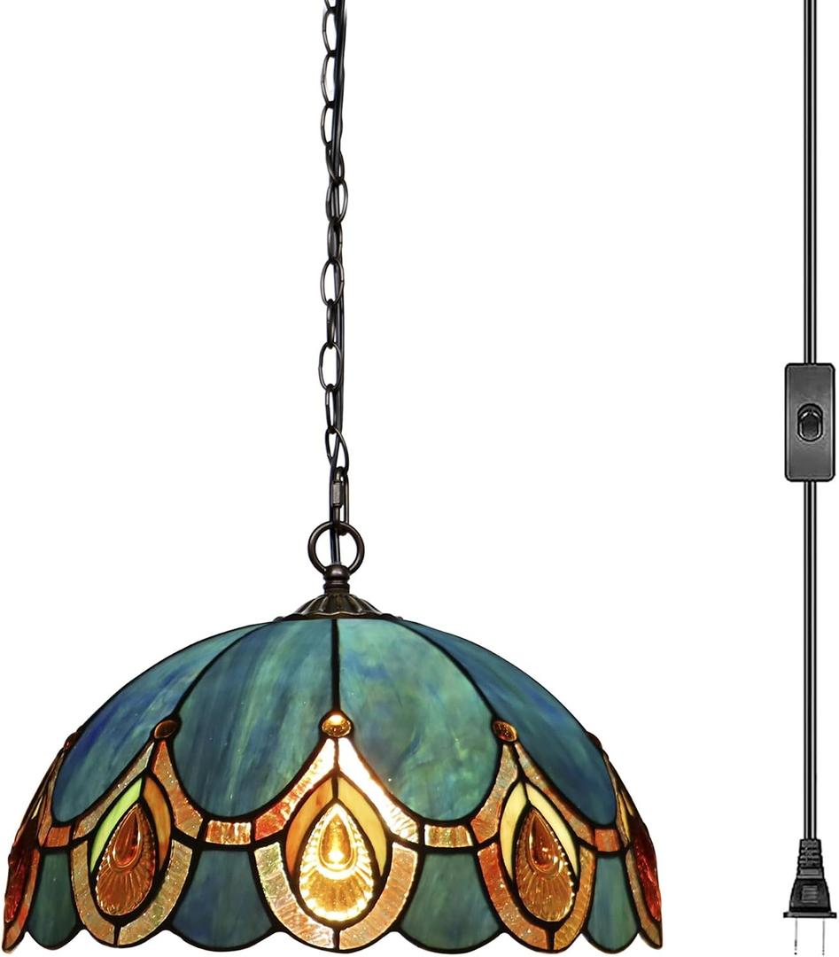 Tiffany Pendant Light Plug in Stained Glass Hanging lamp 12X12X181 Inch Hanging Lamp Living Room Bedroom Kitchen Dining Room OfficePeacock Crystal Style