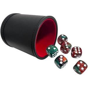 PU Leatherette Dice Cup with 6 D6 Red and Green Dice for Yahtzee Farkle Bar Party Dice Games