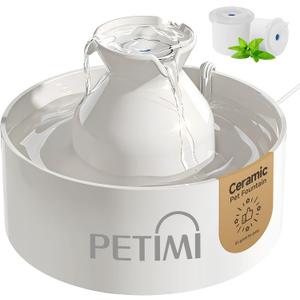 PETIMI Ceramic Cat Water Fountain, 3L/101 fl oz Ultra-Quiet Pet Water Fountain, Automatic Water Dispenser for Cats & Small Dogs, No Spill Cat Water Bowl, BPA-Free, 2 Filters Included, Easy to Clean