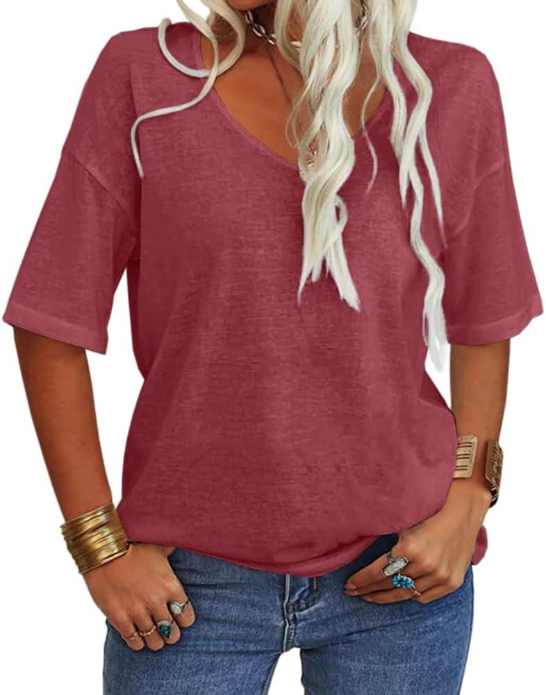 Danedvi Women Fashion V-Neck Half Sleeves Oversized T Shirt Solid Casual Loose Basic Tops (XXL)