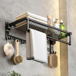 Towel Rack with Towel Bar for Bathroom Lavatory 24-Inch, Foldable Bath Sheet Towel Holder with Basket, Towel Shelf Towel Storage Wall Mount, Towel Hanger with Movable Hook, Matte Black (24-Inch(Basket))
