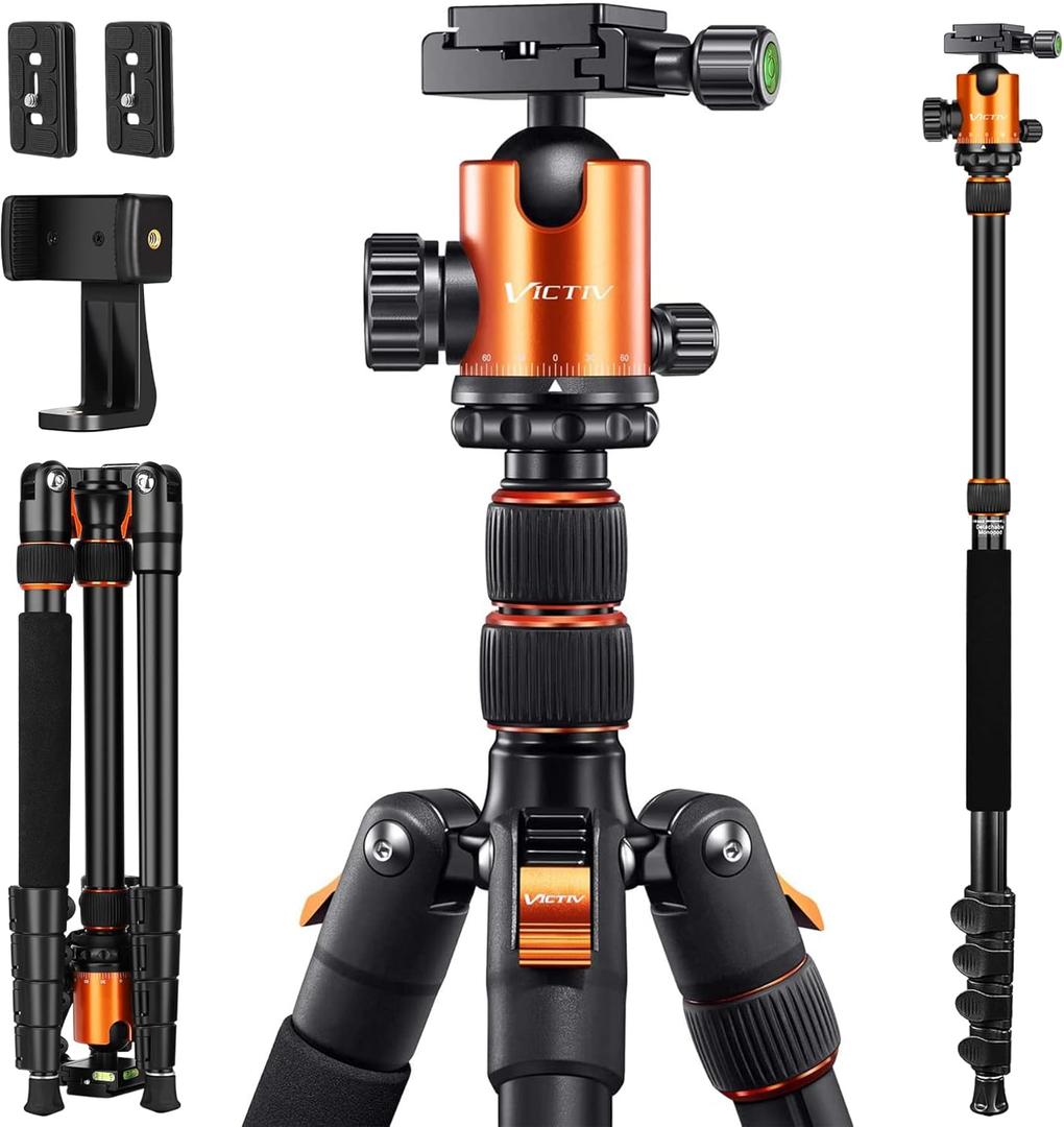82" Tall Camera Tripod Heavy Duty, Victiv Aluminum DSLR Tripod Monopod for Photography Travel, Professional Camera Stand for Spotting Scope Telescope Binocular (Orange)