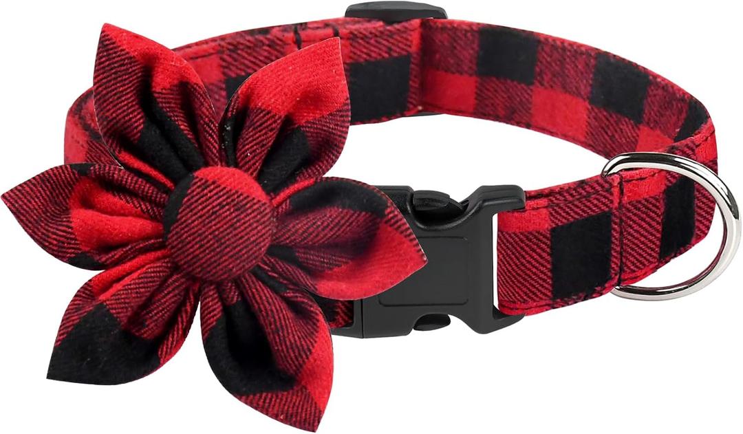 Malier Christmas Dog Collar with Bow tie, Classic Buffalo Plaid Dog Collar with Buckle Adjustable Collar for Small Medium Large Dogs Puppy (L, Red & Black Plaid)