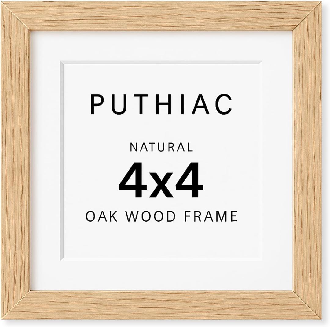 puthiac 4x4 Solid Oak Wood Picture Frame, Fits 3x3 with Mat or 4x4 Without Mat, Wall or Tabletop Display with Stand, Plexi Front, 1 Pack, Natural Oak