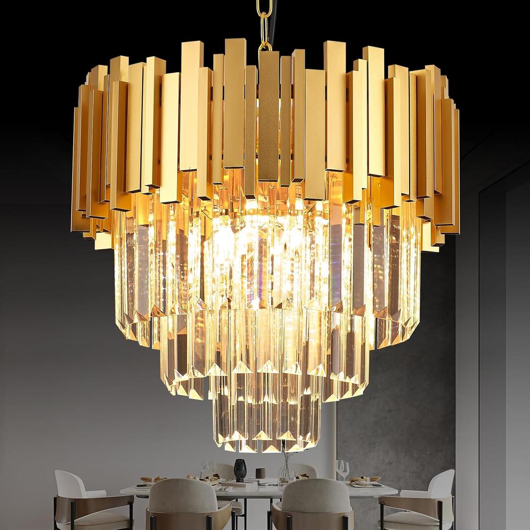 3-Tier 15.8" Crystal Gold Chandelier Modern Crystal Pendant Chandeliers 5 Lights Round Hanging Lighting for Dinning Room Kitchen Island Bedroom Living Room Foyer Entryway, E12, Diameter 15"