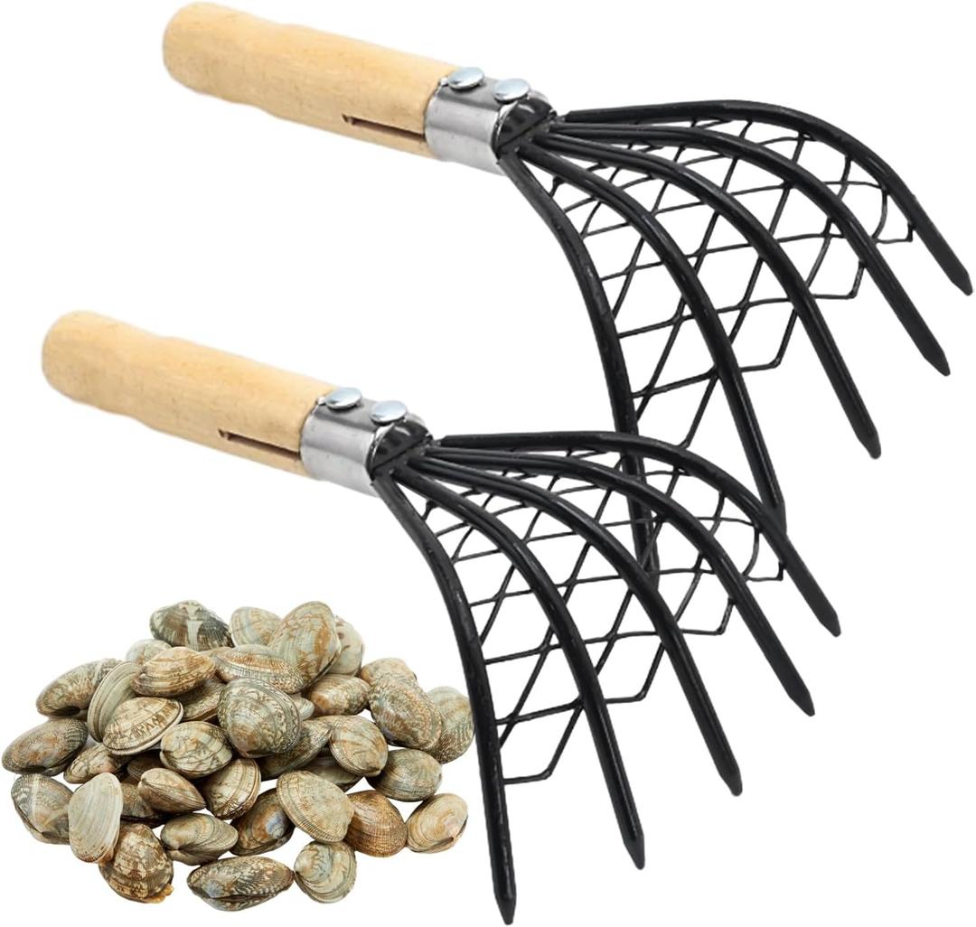 laffoonparts 2 Pcs Claw Rake Hand with Basket, Clamming Claws with Mesh Net Oyster Shell Digging Dig Seafood Clam Scraper Tool Accessories for Beach Clam Scraper
