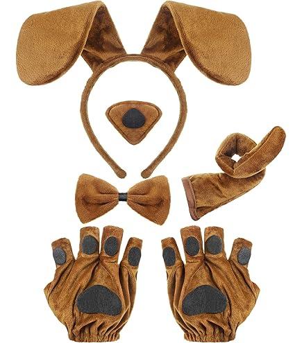 Syhood Puppy Dog Costume Set Ears Headband Bowtie Nose Tail Paw Gloves Accessories for Carnival, One Size