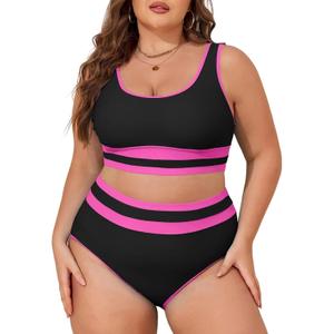 Eytino Womens Plus Size Bikini Sets High Waisted Scoop Neck Bahting Suits Two Piece Color Block Swimsuits(1X-5X) (2X, Black Rose)