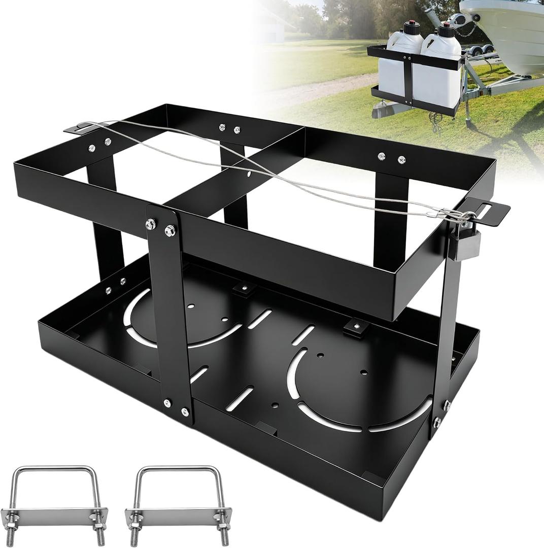 Fuel Jug Holder Gas Can Rack for Trailer, 5 Reinforced Supports Fits Two 5 Gallon Gas Can, Compatible with VP 5.5 Gallon Fuel Jug, with Anti-Theft Lock Cable and Anti-Wear Rubber Pads