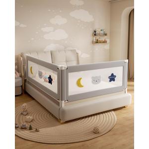 2 Piece Bed Rails for King Size Bed, No-Drill Needed Baby Bed Rail Guard for Toddlers with Height Adjustable, Thickened Child Safety Side Railing Guards/Bedrail for Kids, Grey Star, 74.8x78.7Inches