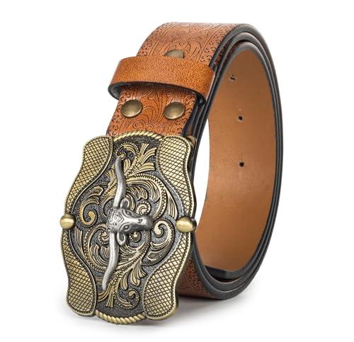 UTOWO Western PU-Leather Cowboy Buckle Belt for Men and Women Jeans Engraved Floral Longhorn Bull Buckle Belt (27-40" waist)