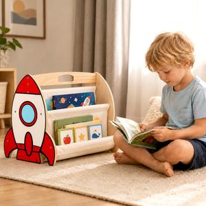 Rocket Double-Sided Bookshelf with 4 Tier Deep Sleeves Wood Books Organizer Wooden Montessori Book Rack Rocket Book Shelf Books Display Shelves for Daycare Nursery Room Playroom Classroom Bedroom