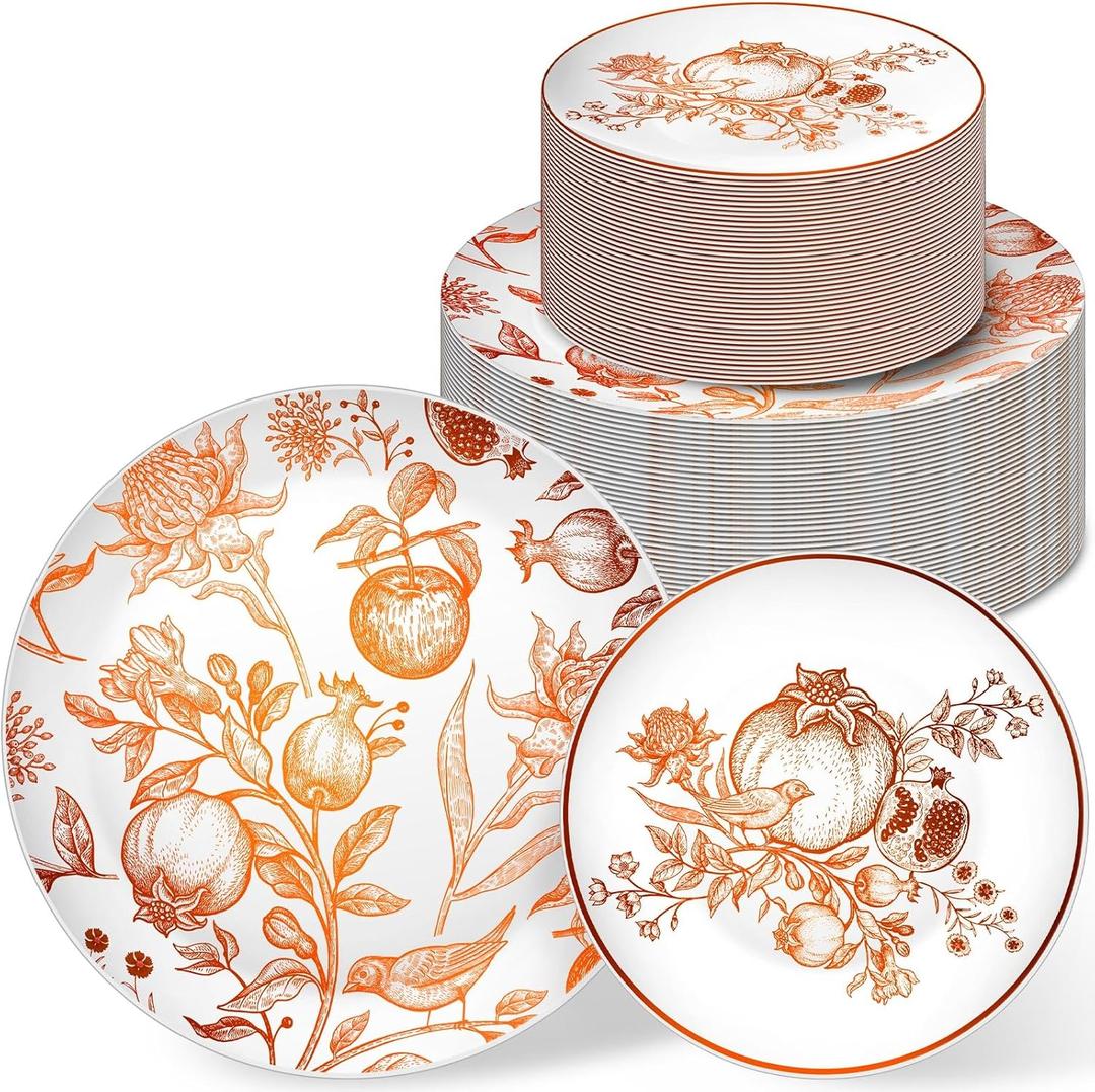Fall Thanksgiving Disposable Plastic Plates Set for Guests Wildflower Pomegranate Chinoiserie Embossed Vintage Dessert Tableware for Autumn Wedding Party Dinnerware Supplies(50 Pcs)