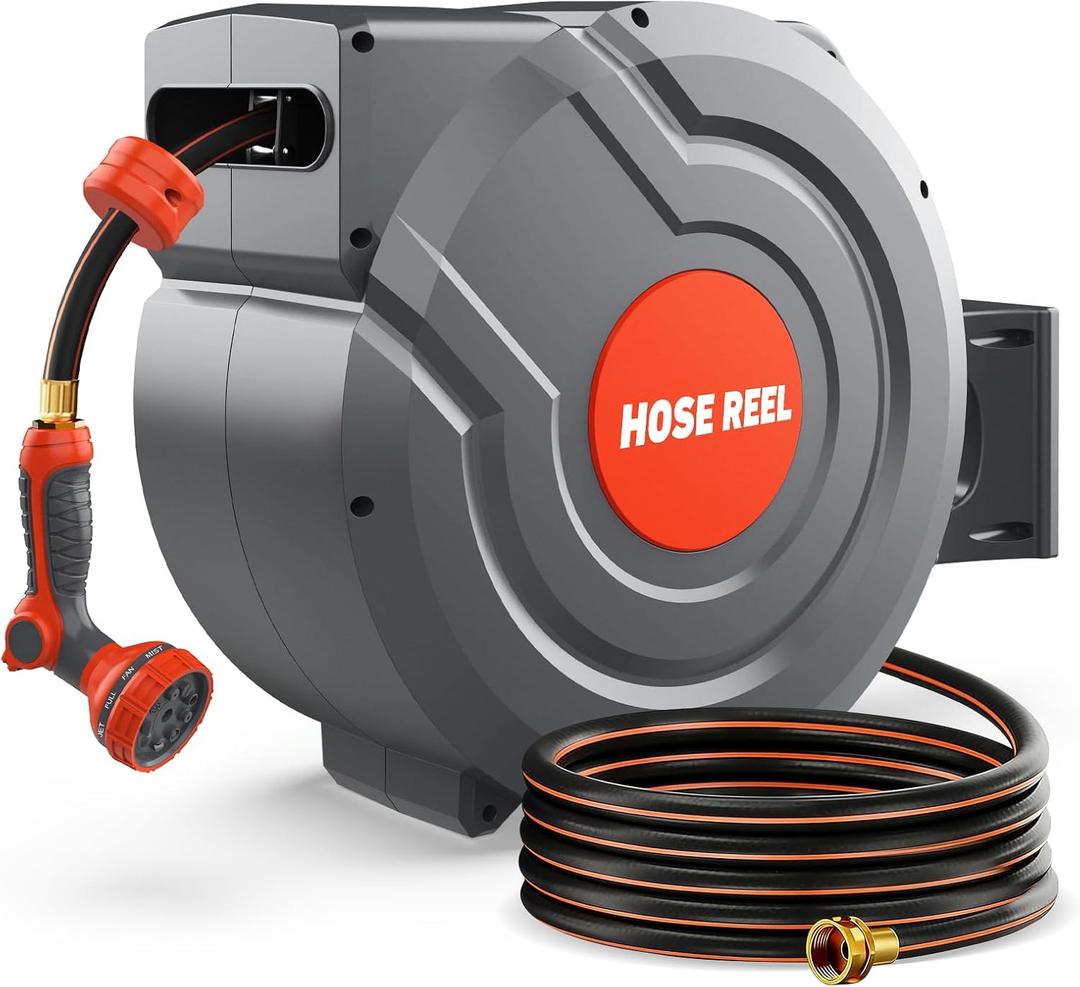 Retractable Garden Hose Reel,Wall Mounted 100 ft 5/8 Inch Automatic Return, Any-Length Lock, 9-Pattern Sprayer, 180° Swivel, Durable Water Hose Reel for Yard and Home