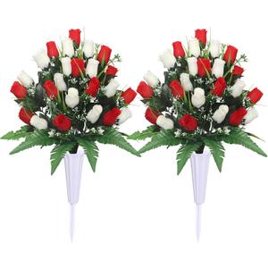 Lodou Artificial Cemetery Flowers,Outdoor Grave Decorations Roses,Arrangements Bouquet with Cemetery Vase, Silk Flowers for Long-Lasting Remembrance (Red White)