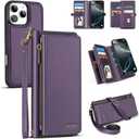 for iPhone 16 Pro Max Wallet Case, Detachable Magnetic Phone Case,Faux Leather Strap Wallet,with RFID Blocking，Zipper Card Holder，Shoulder Straps (Purple)