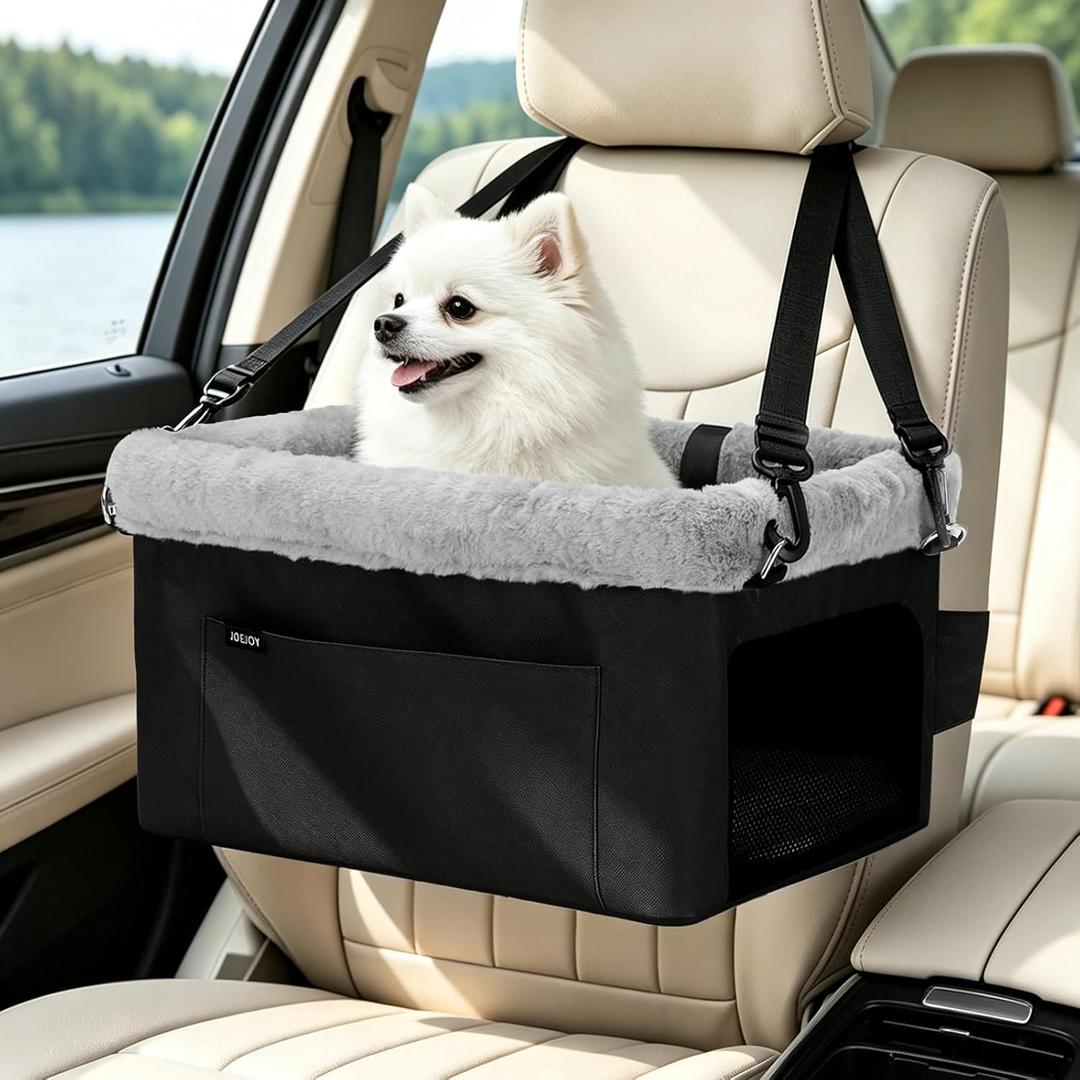 JOEJOY Deluxe Dog Booster Seat with Sturdy Metal Frame and Safety Leash for Small Pets up to 20 lbs - Portable Puppy Dog Car Seat with Thick Cushion and Storage Pockets for Small Dogs