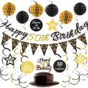 50th Birthday Decorations for Men Women Pre-strung Black Gold Happy 50th Birthday Banner with Honeycomb Balls Hanging Swirl Triangle Flag Cake Topper for 50 Year Old Birthday Party Supplies