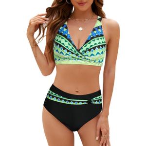 SEAFORM Womens Two Piece Swimsuits Wrap Front Bikini High Waisted Bottom Tummy Control Bathing Suits Vintage Print Swimwear (Small, Yellow)