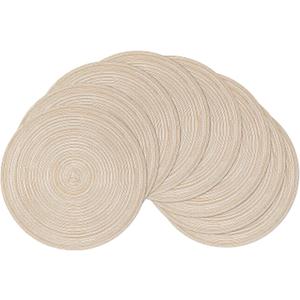 SHACOS Round Braided Placemats Set of 8 Cotton Fabric Round Table Mats Non Slip Washable 15 inch Round Place Mats (Beige, 8)
