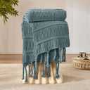 Boho Knitted Chenille Blanket with Tassels - Lightweight & Soft All-Season Throw - 3D Classic Pattern for Living Room Bedroom Couch, Celestial Blue, King 90"x108"