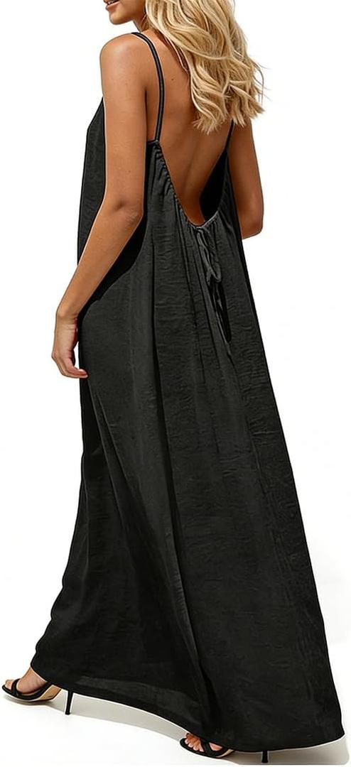 Backless Cami Dresses for Women with Back Tie Cami Lounge Dress Backless Sleeveless House Dress Long Sundress (Black, XL)