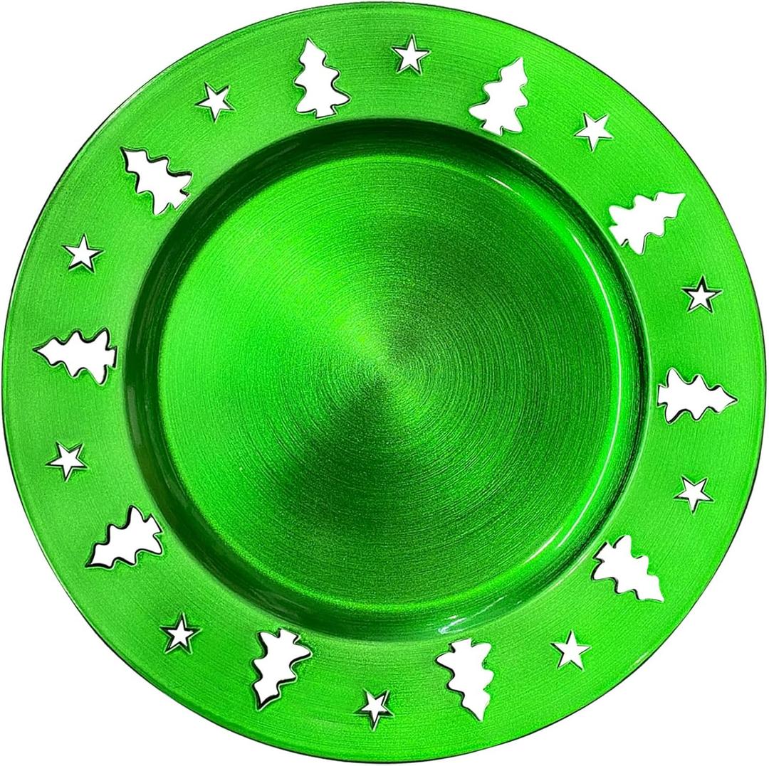 Green Christmas Tree Charger Plates - 13" Reusable Openwork Holidays Party Decorations Round Chargers for Dinner Plate - Elegant Table Setting Centerpieces 6 Pack