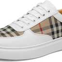 Men's Lace - up Plaid - Paneled Sneakers, Casual Low - top Canvas & Leather Shoes for Daily & Street (White, 44)