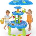 Handwell Water Table for Toddlers 3-5, 3-Tier Rain Showers Splash Pond Water Play Table with Umbrella & Water Toy Accessories, Kids Summer Outdoor Toys, Water Activity Sensory Playset for Boy Girls 3+, 34.64 inches