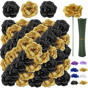 108pcs Roses Head Flowers with Stem - Black & Gold Graduation Artificial Flowers Rose Bulk - Silk Rose Fake Flower for Wedding Bouquet Decor DIY Baby Shower Centerpieces Grad Party Tables Decoration