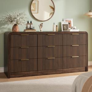 Decofy Fluted 9 Drawers Dresser, 63'' Wide Modern Chest of Drawers with Round Edge & Metal Handle, Wood Drawer Organizer for Bedroom, Living Room, Walnut