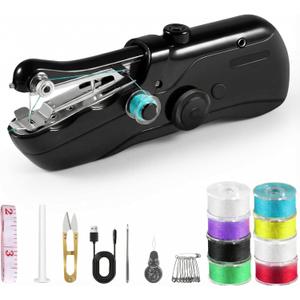 Portable Handheld Sewing Machine for Adults - Mini Hand Held Sewing Stitching Machine for Beginners - Small Electric Cordless for Quick Fabric Home Travel Clothes Pants DIY Fabric Denim (Black)