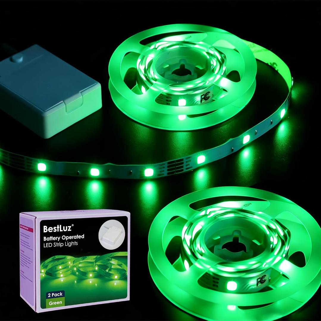 BestLuz Battery Powered LED Strip Lights 2X 3.33ft Flexible Green Light Strip for Bedroom Room Decor, Lighting for Cabinet Shelf Closet TV Backlight