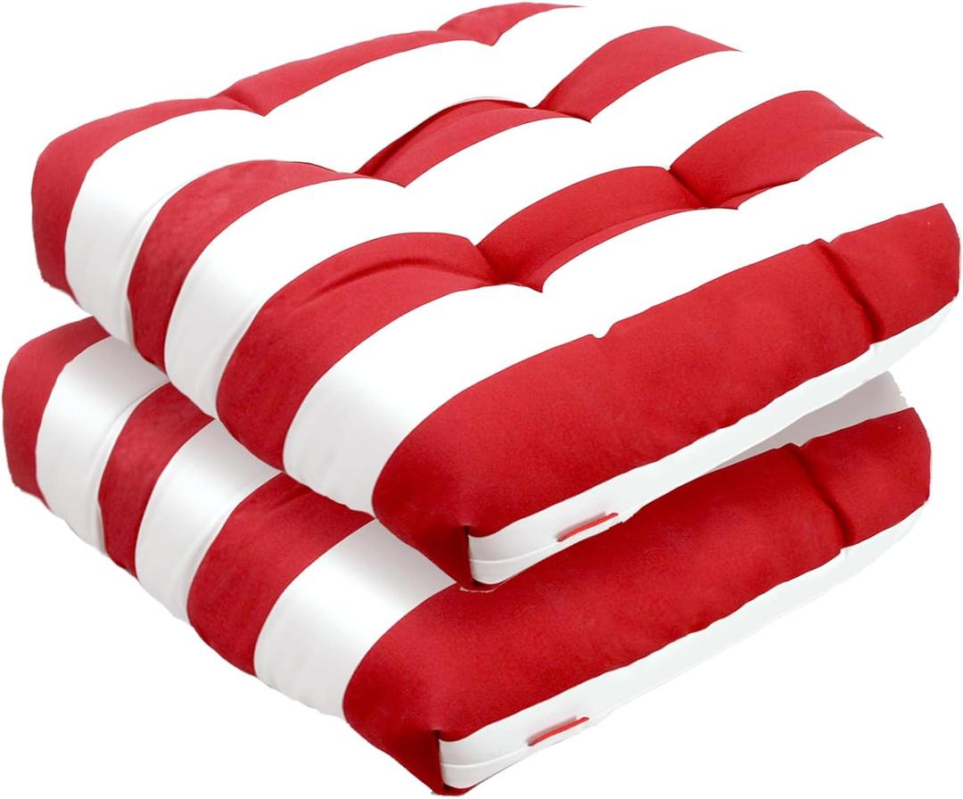 Pcinfuns Outdoor Seat Cushions,19"x19"x5" Thick Fill Tufted Cushions with Round Corner Patio Chair Pads,Water-Resistant Chair Cushion,Red White,Set of 2