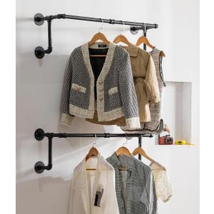 Clothes Rack, Industrial Wall Pipe Clothing Rack for Hanging Clothes, Wall Mounted Heavy Duty Space Saving Garment Rack, Multi-Purpose Clothing Hanging Rods for Closet Storage, Black, 2Pcs