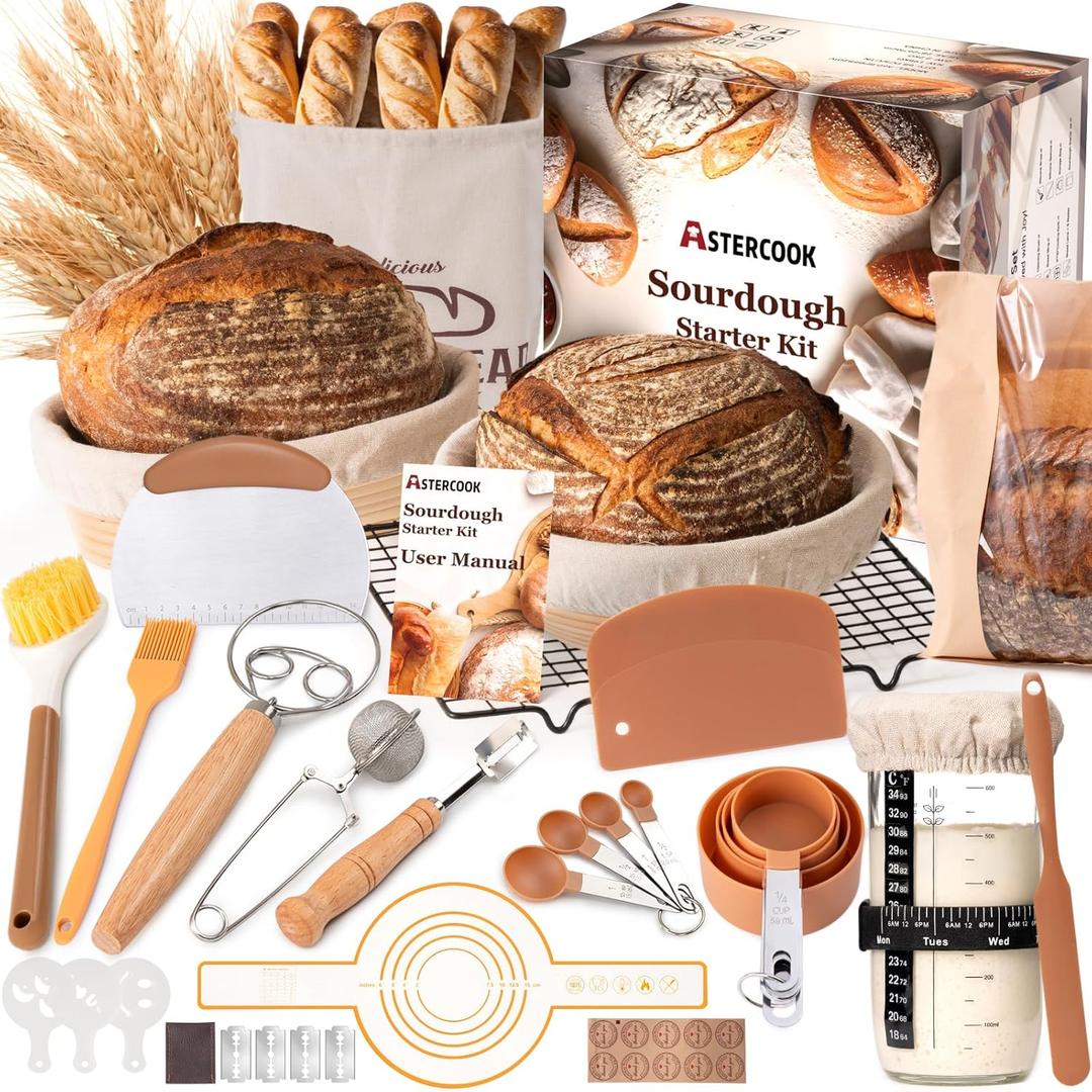 Astercook Sourdough Starter Kit with Round & Oval Banneton Bread Proofing Basket, Bread Sling, Starter Jar, Dough Whisk, Scrapers, Stencils, Cooling Rack & Bag Complete Sourdough Bread Baking Supplies
