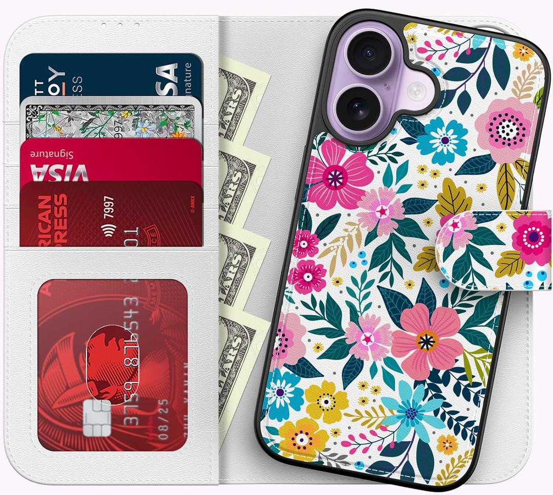 FUNMIKO for iPhone 17 Case Wallet,Detachable Flip Folio Leather Cover,RFID Blocking 4 Card Slots Holder,Magnetic Kickstand,Protective Phone Shell for Women Girls,Blooming Flowers
