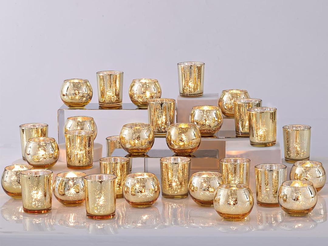 48PCS Assorted Gold Votive Candle Holders Bluk, Gold Wedding Decorations, Mercury Glass Candle Holder for Tea lights, Christmas Party Wedding Diwali Centerpieces for Table, Wedding Party Supplies