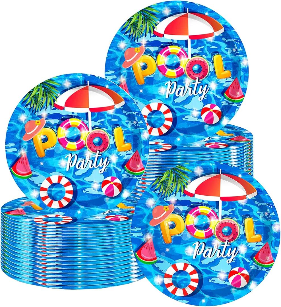 50 Pcs Pool Party Tableware Plates,Pool Party Supplies Beach Party Supplies,7"Summer Pool Party Paper Plates for Summer Beach Theme Pool Birthday Party Decorations