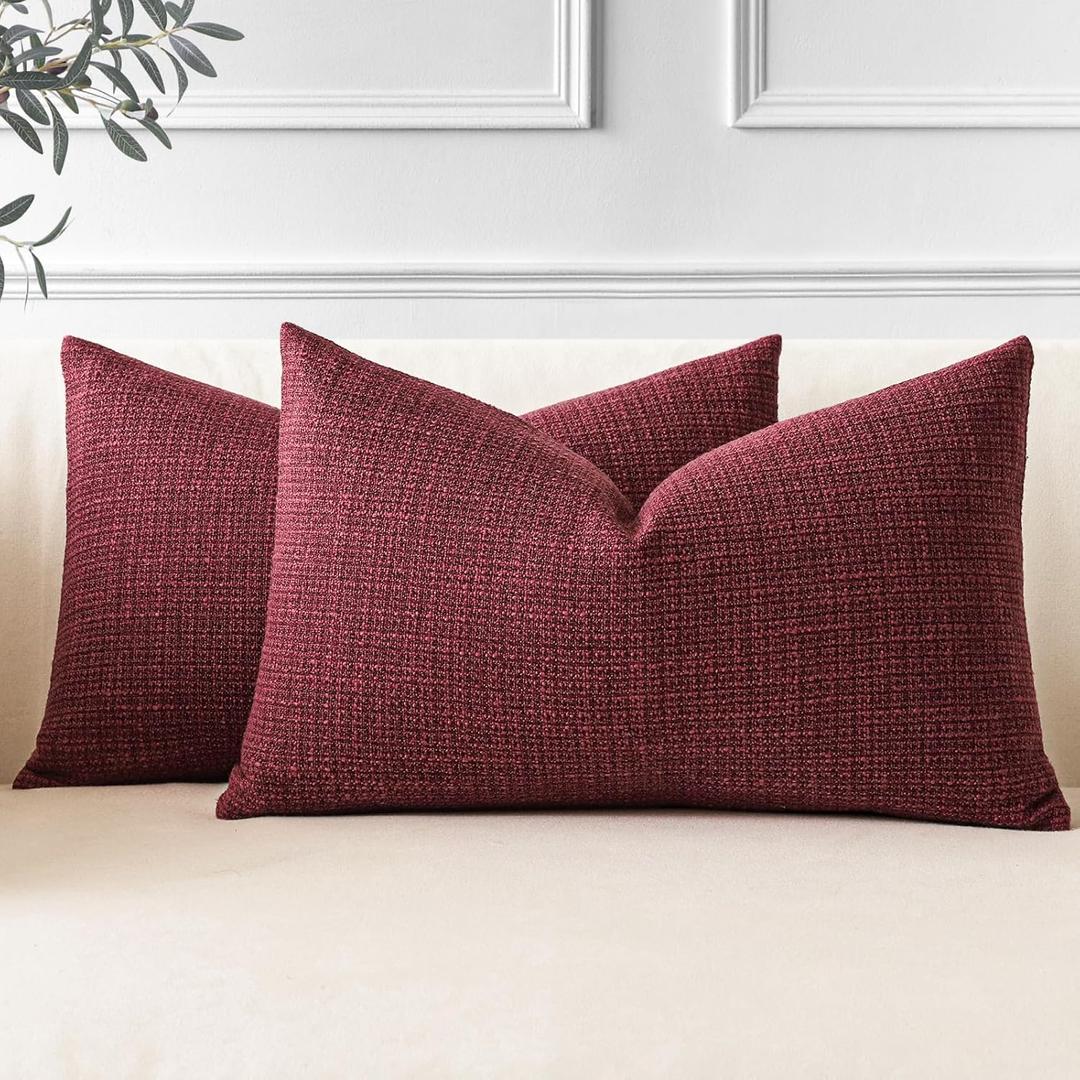 OTOSTAR Pack of 2 Throw Pillow Covers 16x24 Inch Linen Wine Red Pillowcases Farmhouse Decorative Solid Pillow Covers 40x60 cm Lumbar Cushion Case for Home Decor Sofa Couch Bed (Wine Red)