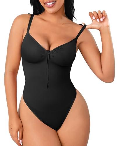 FeelinGirl Shapewear for Women Tummy Control Seamless Zip Front Bodysuits Thong V Neck Body Suit Body Shaper S