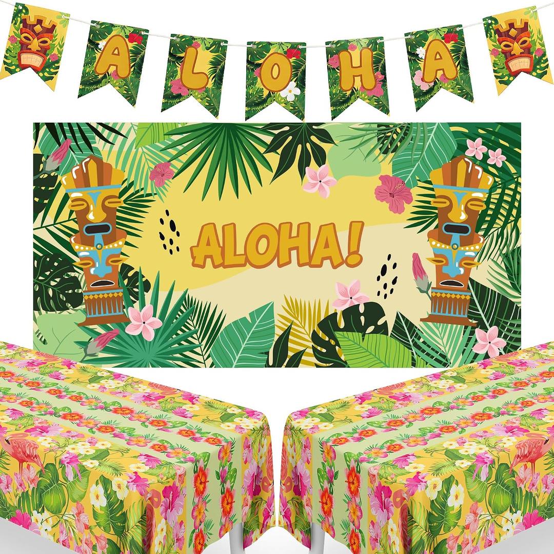 2 x Luau Party Decorations - Aloha Banner Backdrop Tablecloth Set - Hawaiian Theme Party Decorations for Summer | Tropical Party Decorations for Summer Beach Pool Birthday Wedding
