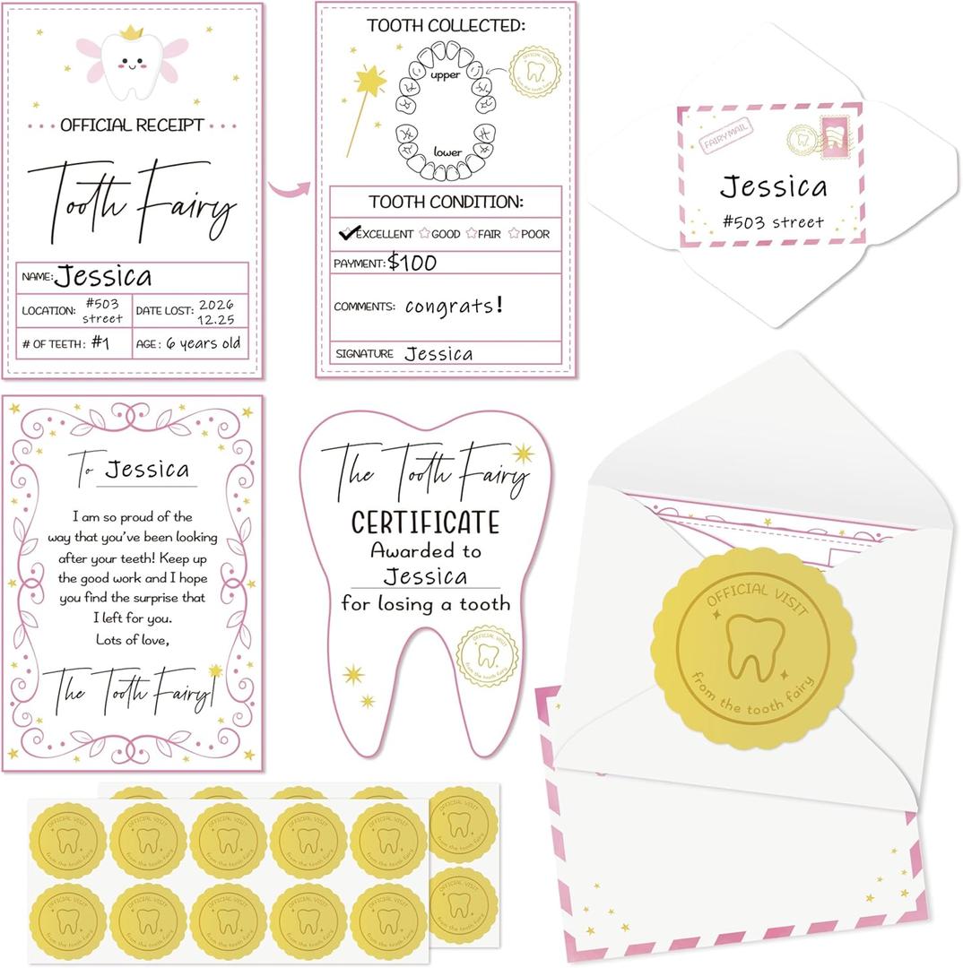 Mini Tooth Receipt Gifts - 20 Set Tooth Condition Cards with Envelope and Fairy Letter for Kids, Lost Teeth Certificate Keepsake Gift Bag with Stickers for Girls Boys Home School Award (Pink)