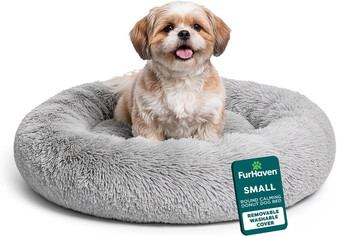 FurHaven 23" Calming Donut Dog Bed for Small Dogs & Cats, Round Plush Donut Design with Soft Filling for Snuggling Comfort, Removable Washable Cover, Small, Shaggy Faux Fur, Mist Gray