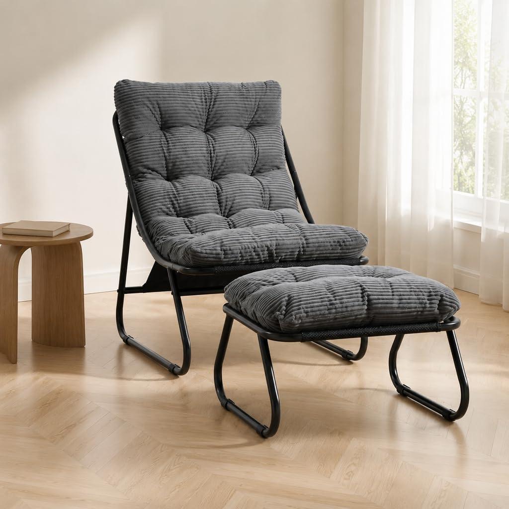 Corduroy Lazy Chair with Ottoman, Black Metal Sled Frame Reclining Reading Chair, Thick Padded Leisure Accent Sofa Chair for Living Room Bedroom Dorm Small Space, Grey