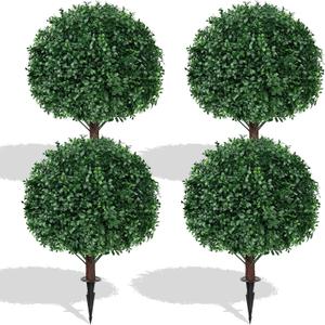 4Pack Artificial Boxwood Topiary Ball Trees,Fake Shrubs Bushes | Fake Evergreen Plants with Ground Spike,UV Resistant, No Maintenance,Faux boxwood for Outdoor Indoor Front Porch Garden Decor