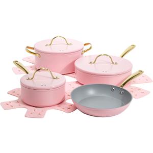 Paris Hilton Iconic Nonstick Pots and Pans Set, Multi-layer Nonstick Coating, Matching Lids With Gold Handles, Made without PFOA, Dishwasher Safe Cookware Set, 10-Piece, Pink