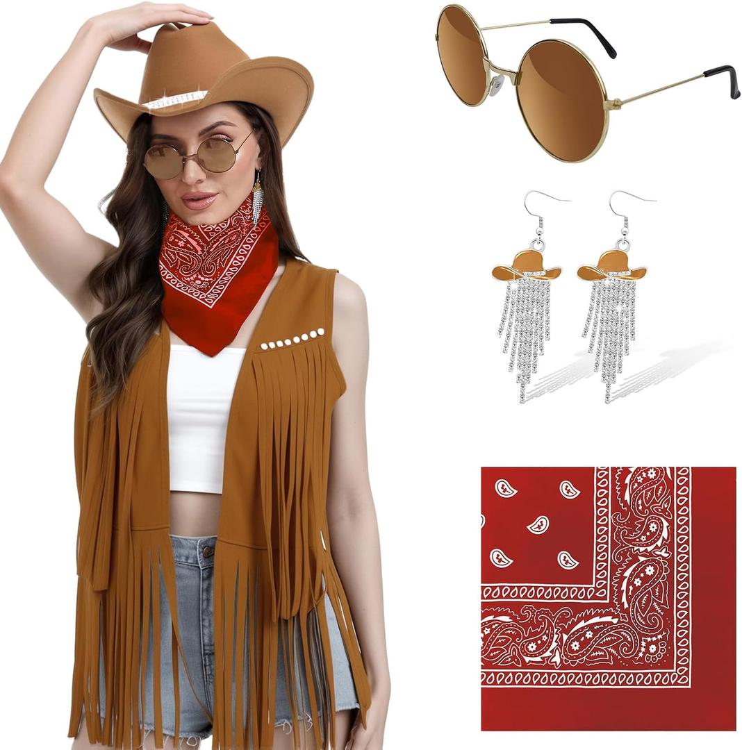 FunMular Western Outfit for Women Cowgirl Outfit Costume Accessories Cowboy Hat Fringe Vest Earring Bandana for Halloween (X-Large, Khaki)