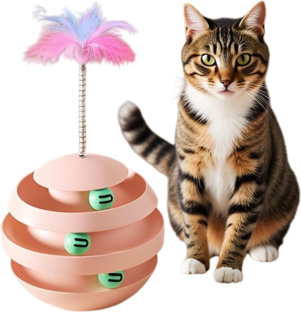 Cat Toys for Indoor Cats, Interactive Wobble Rotating Fun Tumbler Tunnels Ball with Feather Sticks for Bored Indoor Adult Dogs and Cats to Play Alone, Exercise & Reduce Anxiety (Pink).