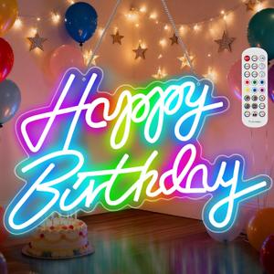 Happy Birthday Sign for Wall Decor, RGB Led Happy Birthday Decorations For Party And Remote Control, USB Powered Dimmable Neon Light.Corlorful Happy Birthday Light Up Sign.